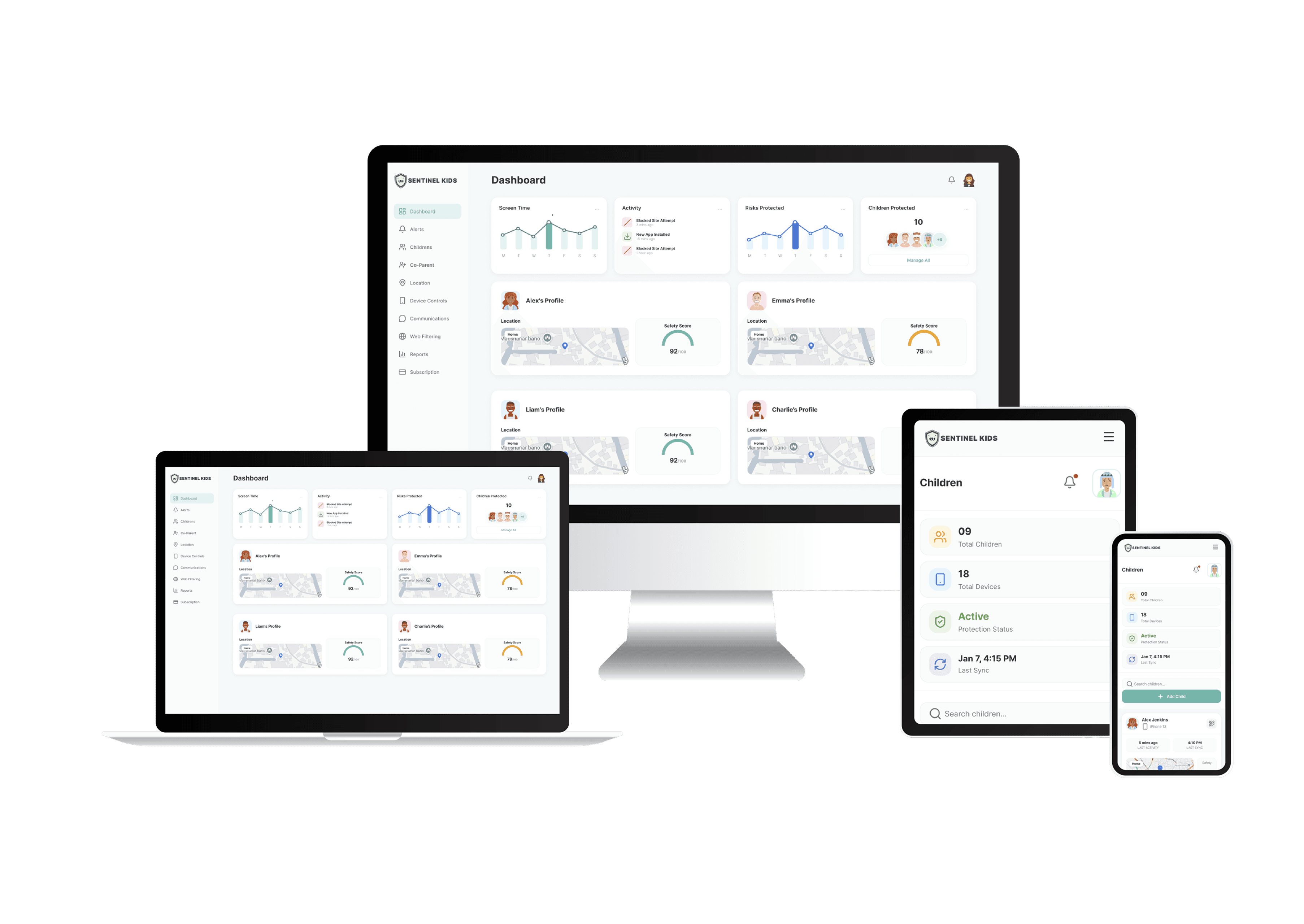 Sentinel Kids parent dashboard shown on desktop, laptop, tablet and phone